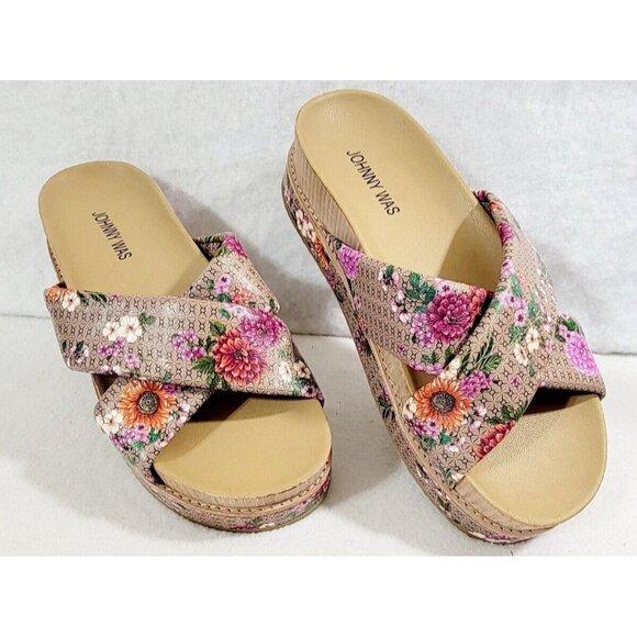 Johnny Was Shoes - Johnny Was Womens Multicolor Floral Leather Jenna X Band Sandals Size 8.5
